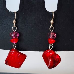 Red Pierced Earrings Resin Coated Beaded